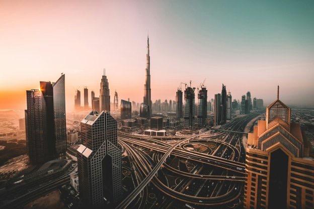 Sunrise shot of Downtown Dubai and Burj Khalifa. United Arab Emirates